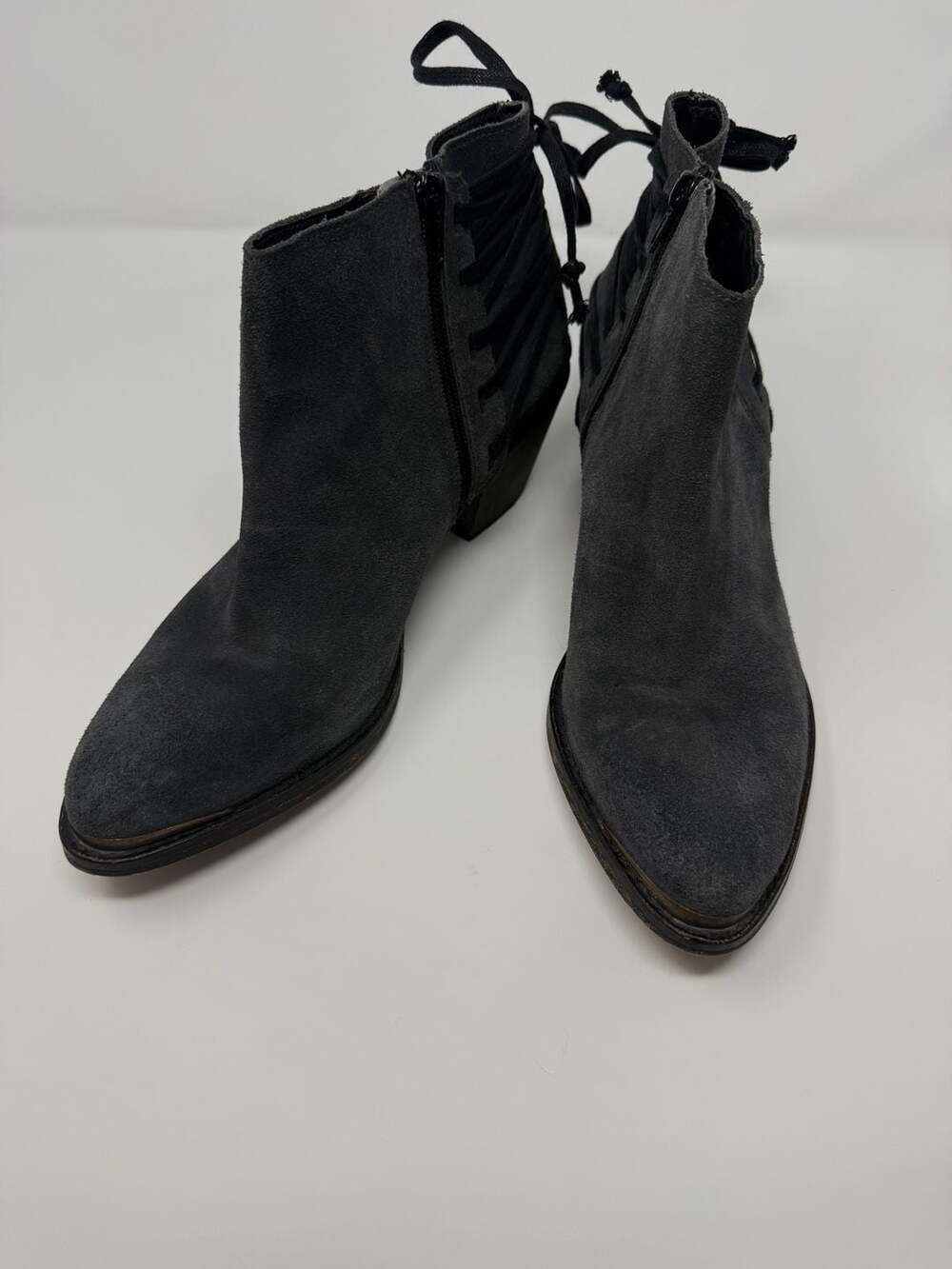 Klub Nico grey Weathered Suede Stacked Heel Booties tie back sz 10